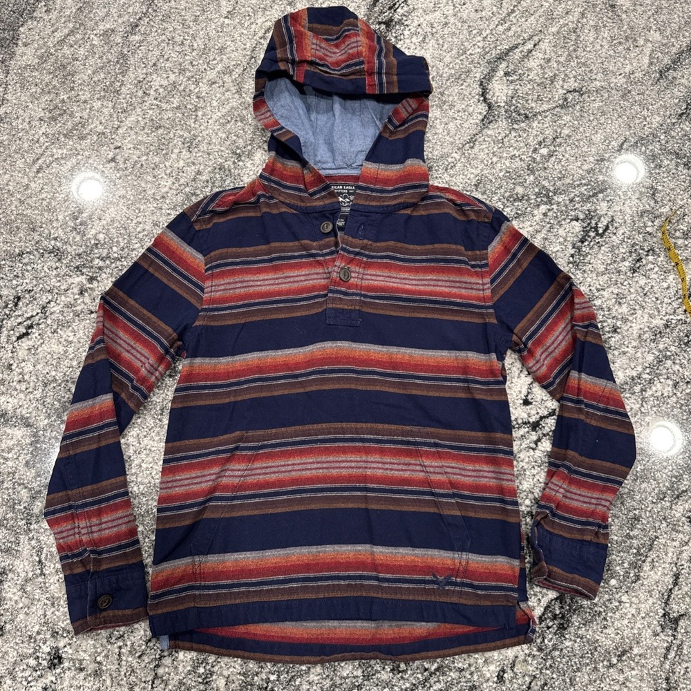 American Eagle Shirt Men's Small Long Sleeve Hoodie Shirt Striped Blue/Red/Brown